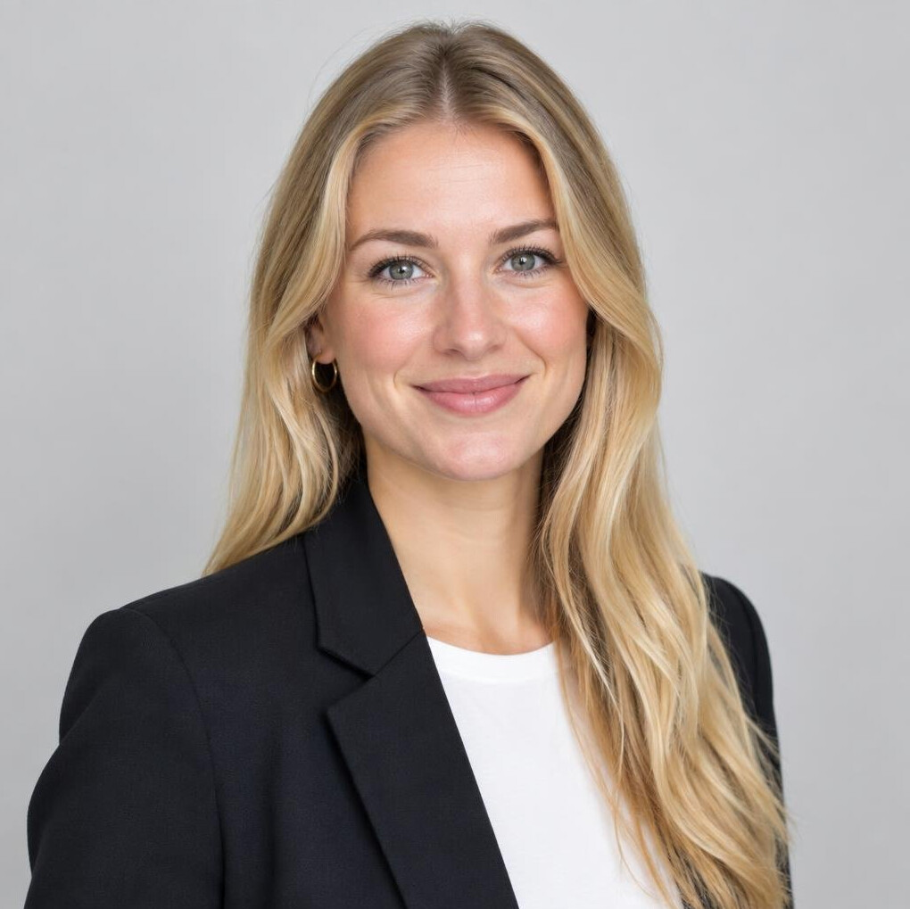 Studio portrait of a German woman data analyst with long blonde hair